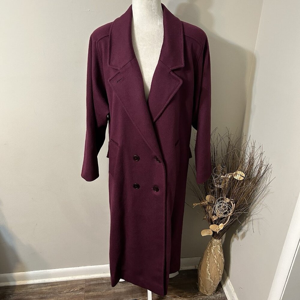 Vtg TRILOGI Women WORUMBO 100% Wool Coat Burgundy Lined Double Breasted Sz 14 ?!